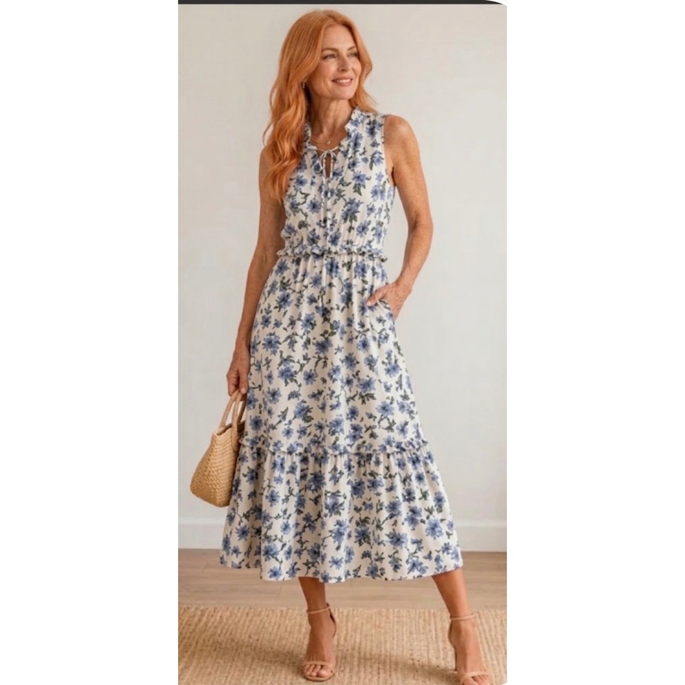 J.Crew Floral Midi Dress Size 6 Blue White Cotton Sleeveless Lined Pockets